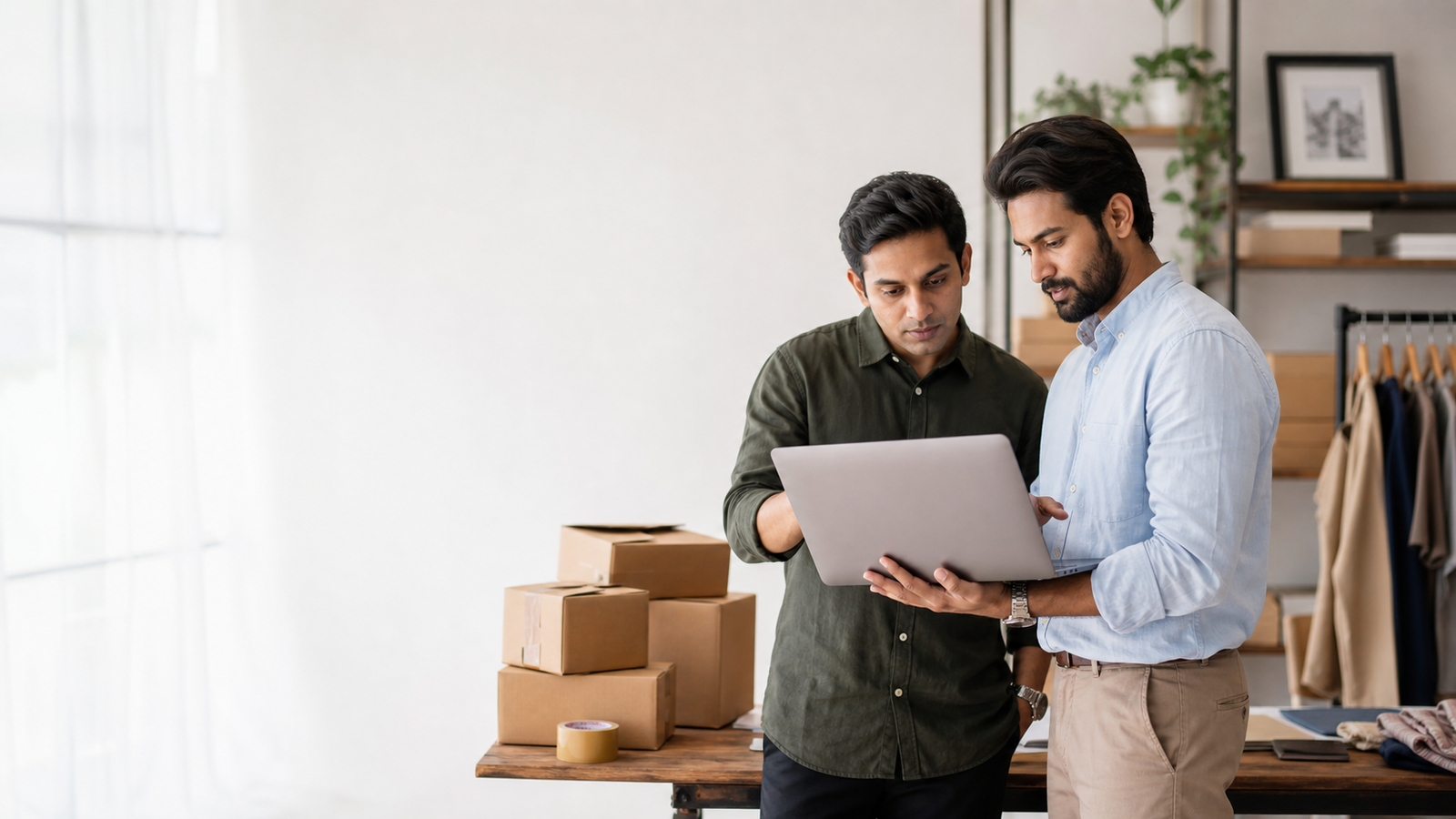 Indian founders reviewing a laptop in a retail and e-commerce office