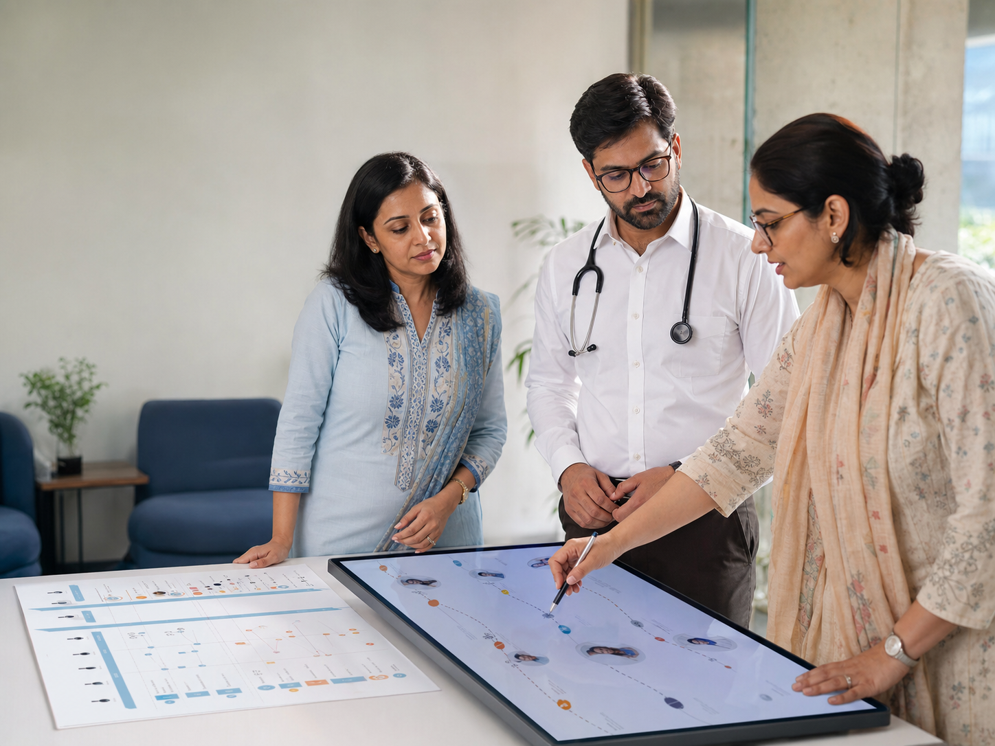 Indian healthcare and education professionals reviewing a connected service journey