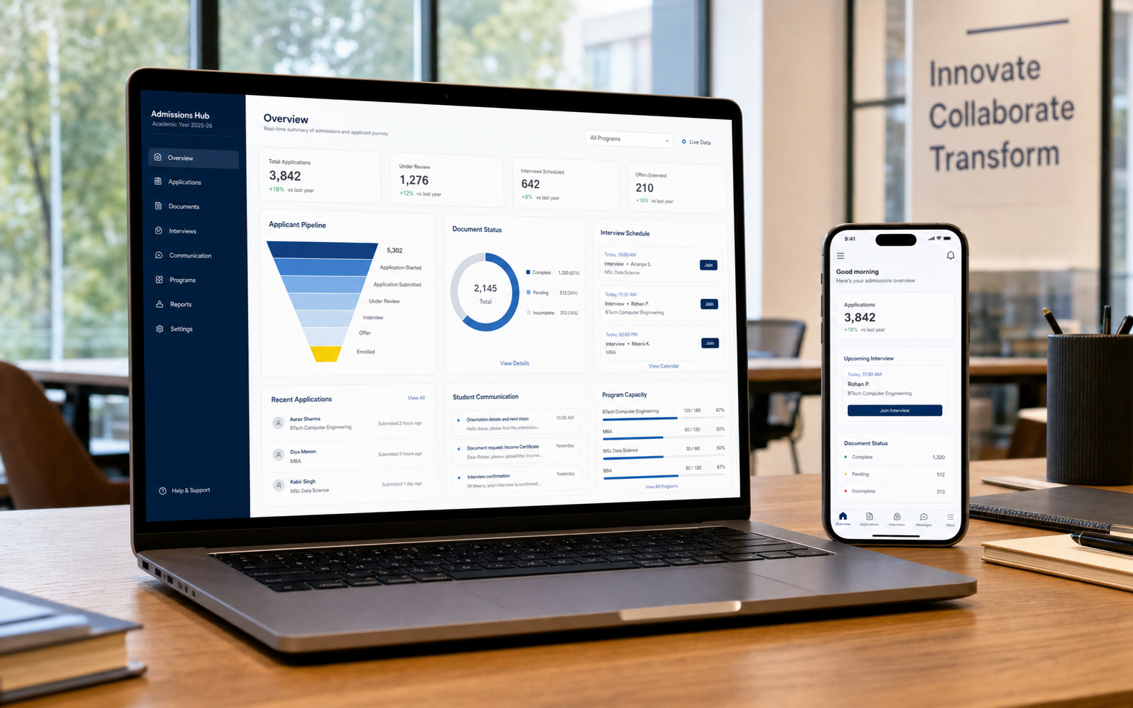 Admissions journey platform shown on a laptop and mobile phone