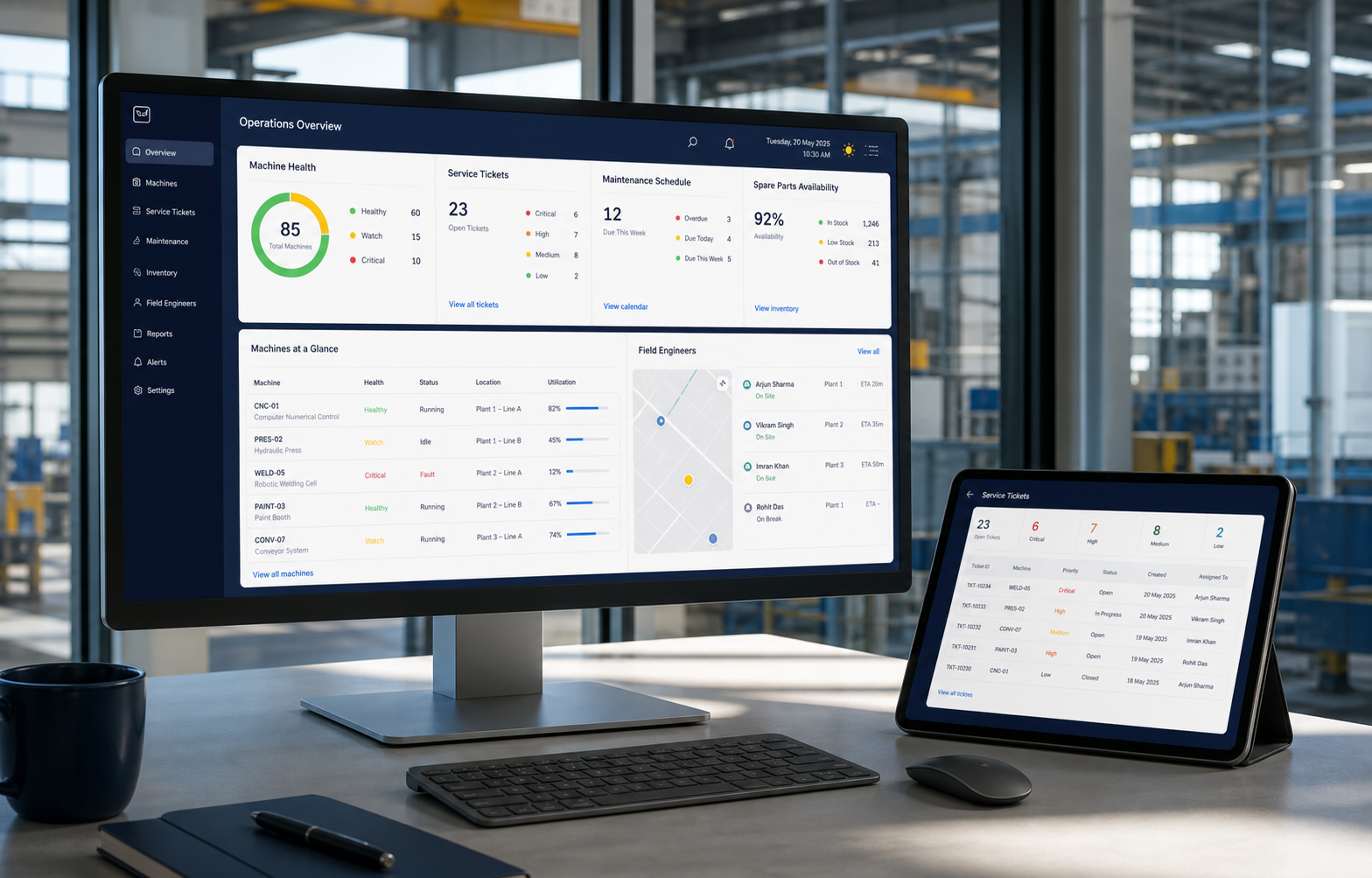 Manufacturing maintenance platform shown on a desktop and tablet