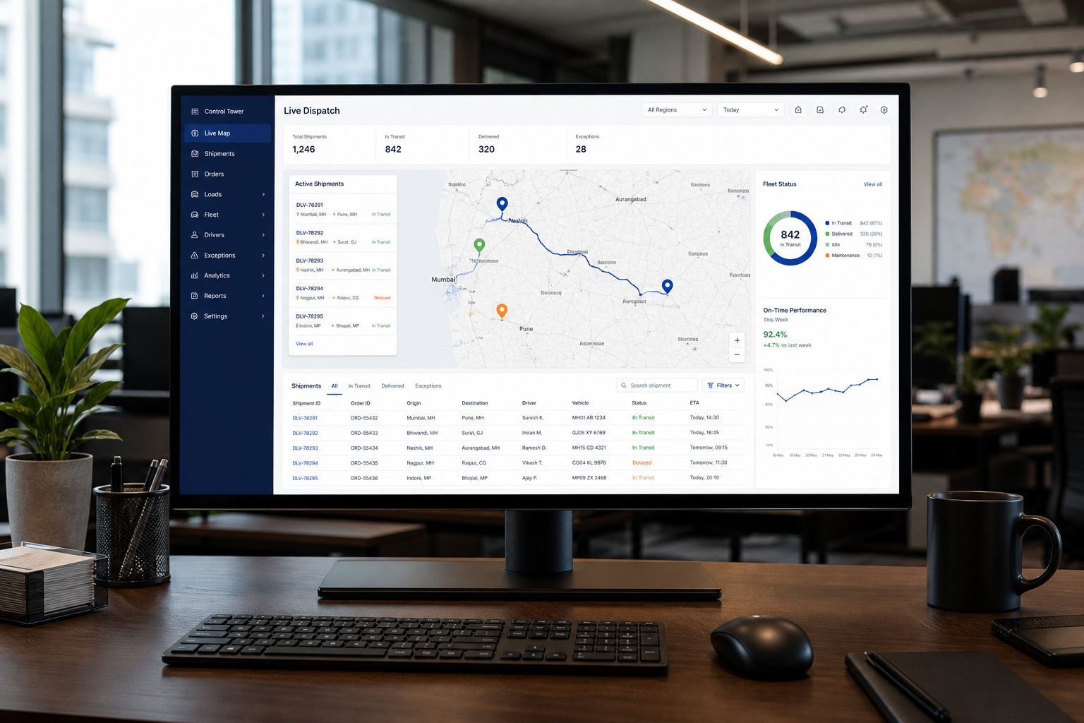 Desktop dispatch platform showing live delivery operations