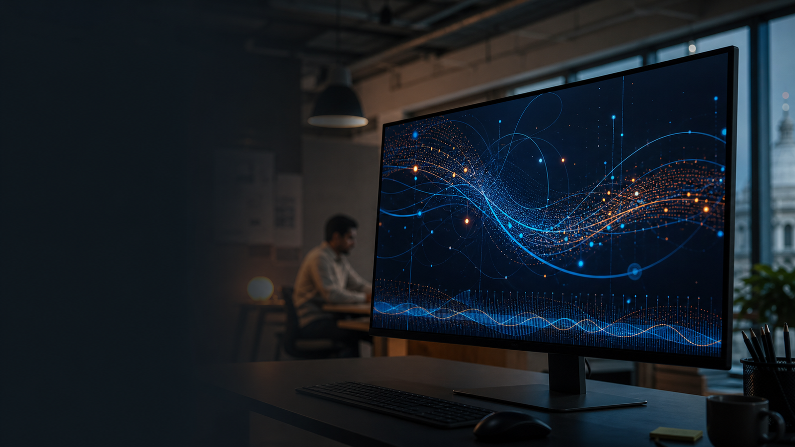 Digital product interface displayed on a large monitor in an Indian product office