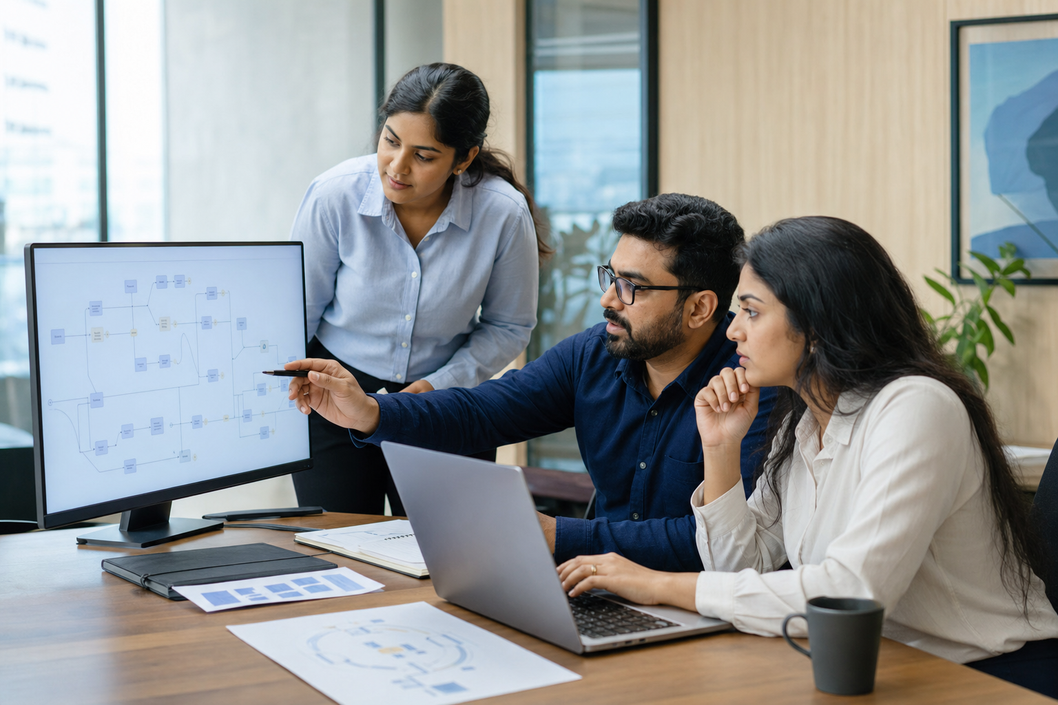 Indian operations team reviewing an AI-assisted workflow on a monitor