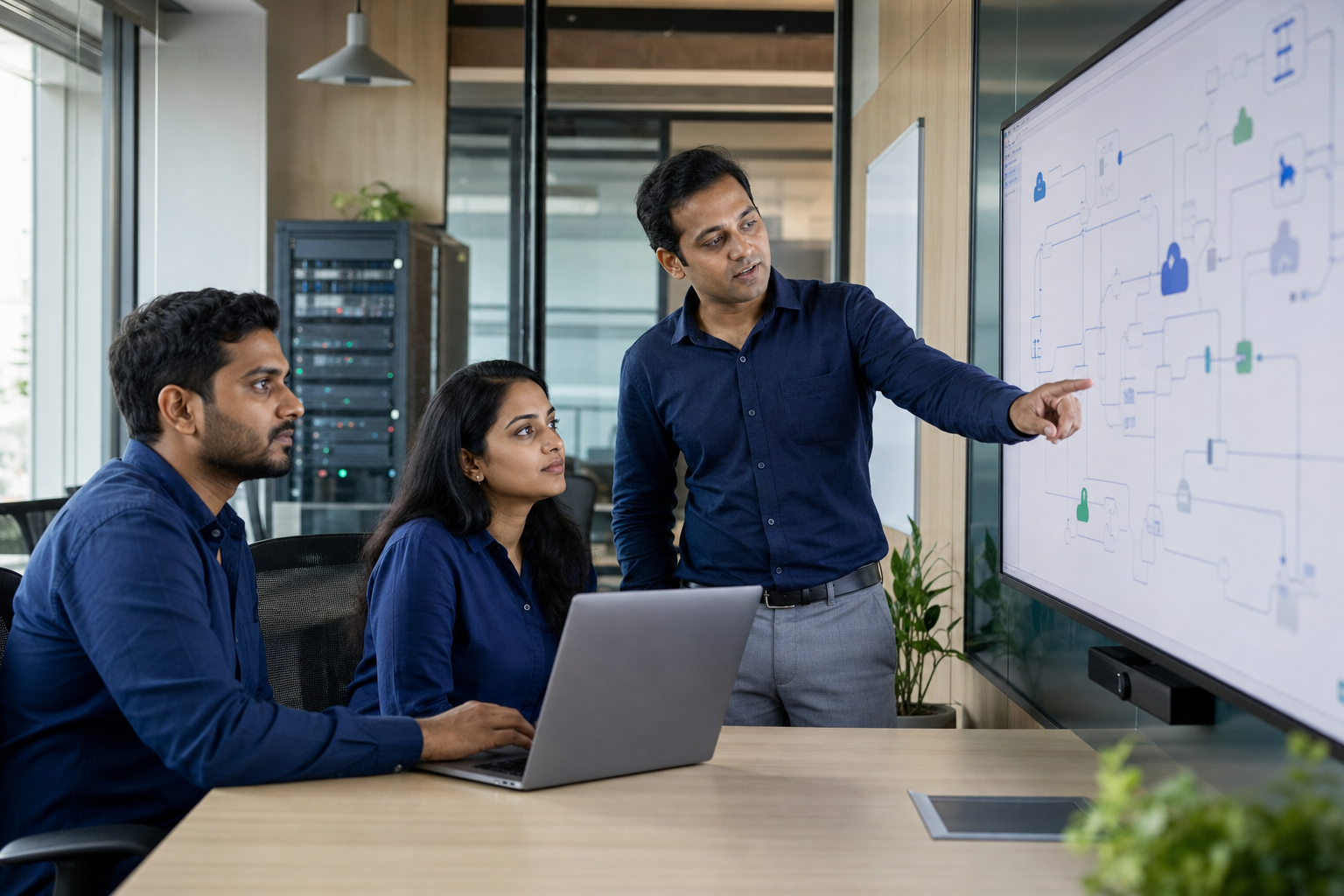 Indian cloud and integration team reviewing connected systems on a large display