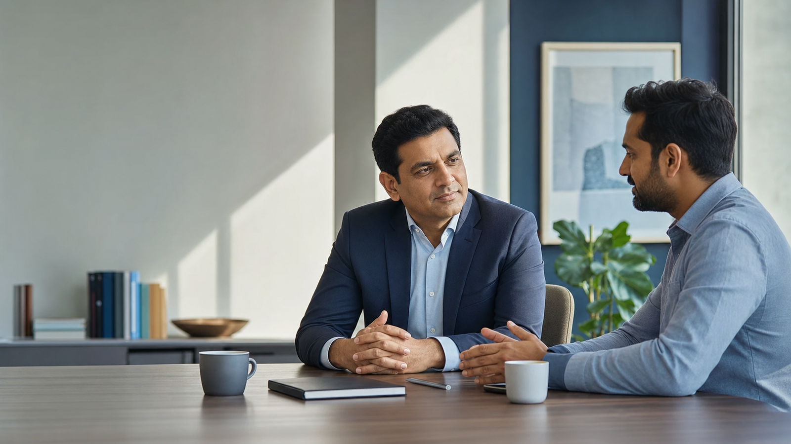 Indian business leader and technology consultant in a calm meeting conversation